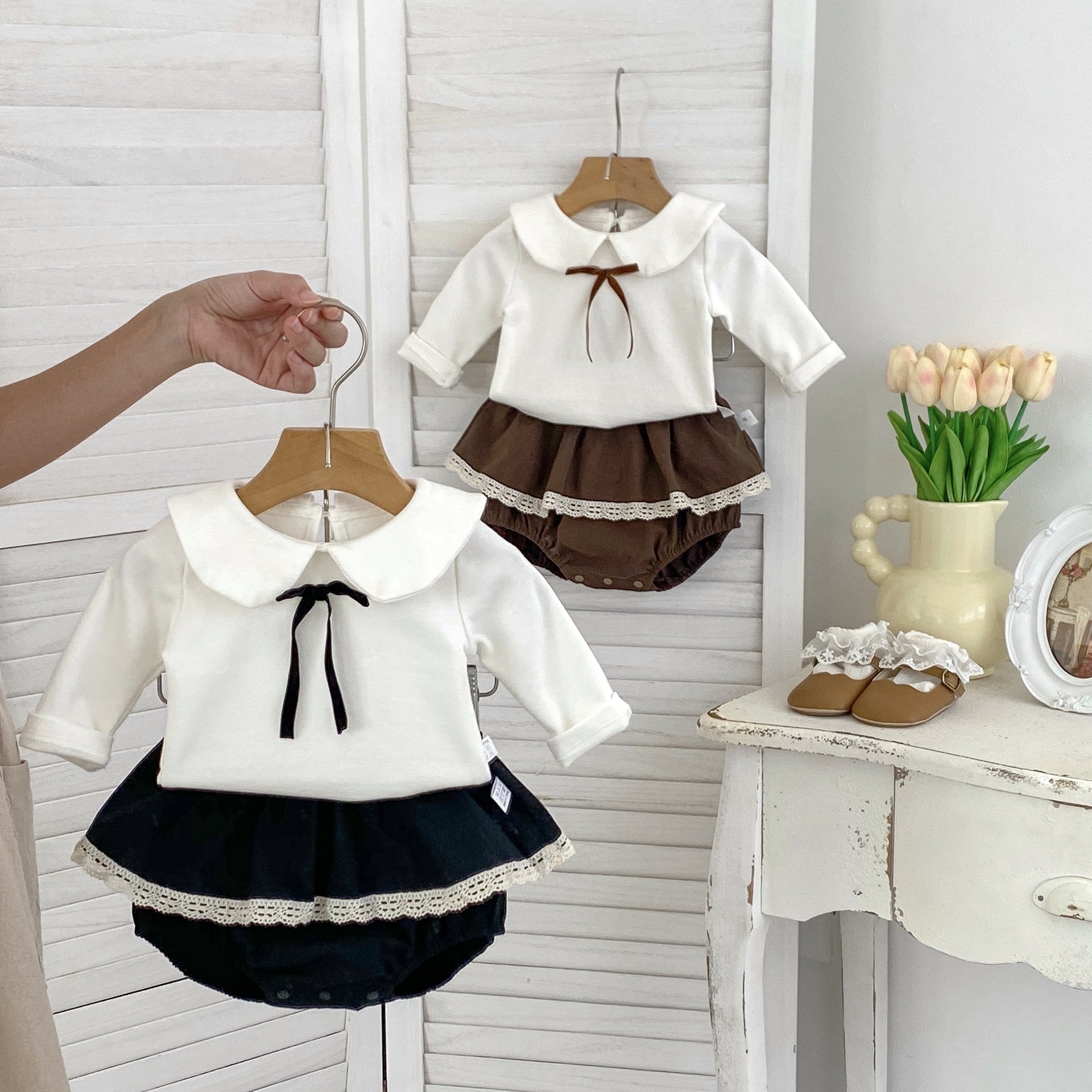 Arrival Autumn Baby Girls Long Sleeves Top Shirt with Lace in black and brown colors, showcasing patchwork design and soft cotton material.