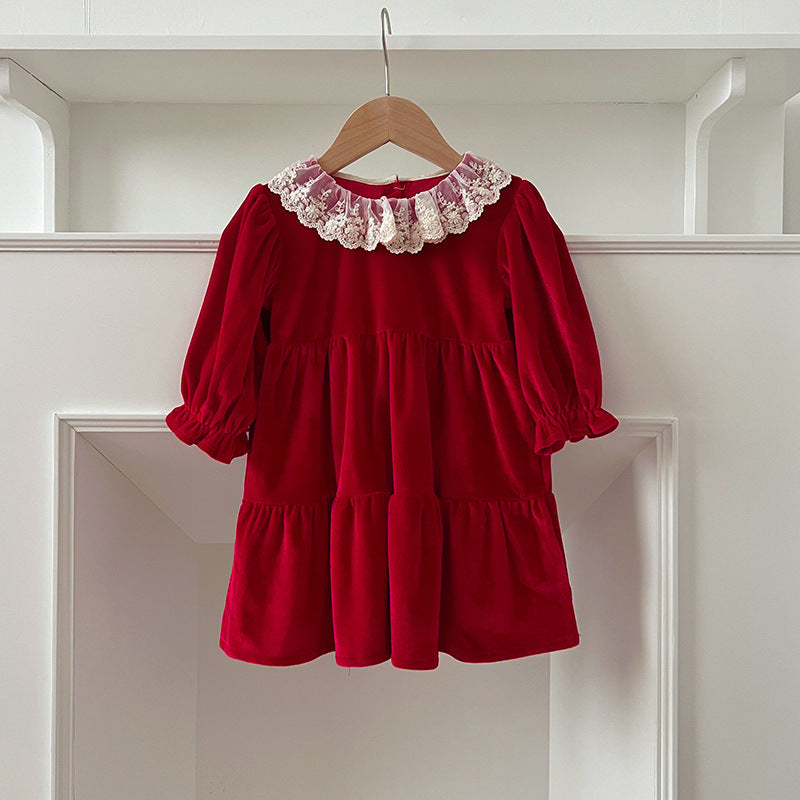 A stylish patchwork long sleeve top for baby girls featuring a lace trim collar, available in red and pink colors.