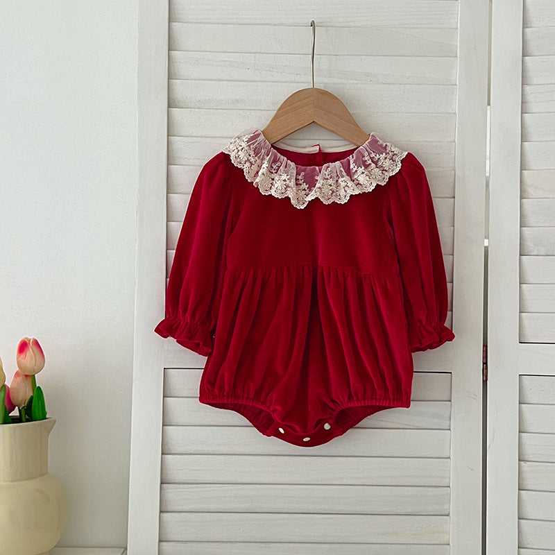 A stylish patchwork long sleeve top for baby girls featuring a lace trim collar, available in red and pink colors.