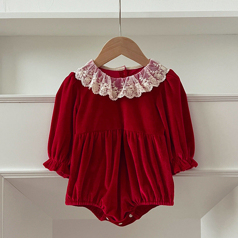 A stylish patchwork long sleeve top for baby girls featuring a lace trim collar, available in red and pink colors.