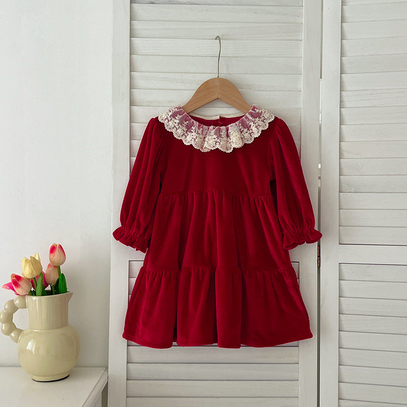 A stylish patchwork long sleeve top for baby girls featuring a lace trim collar, available in red and pink colors.