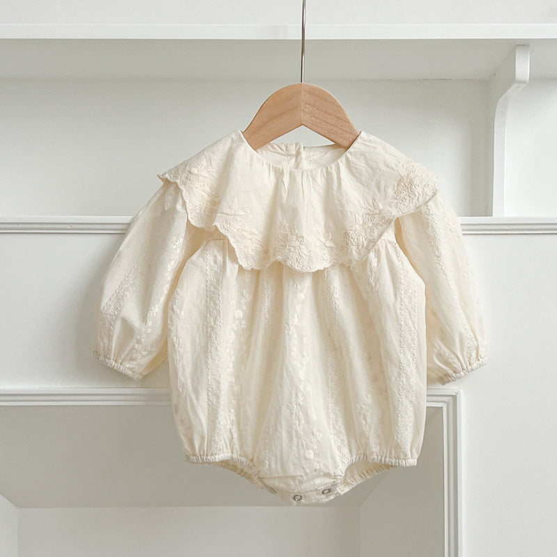 A collection of Arrival Autumn Baby Kids Girls outfits in beige and apricot colors featuring floral and geometric designs, made from soft cotton.