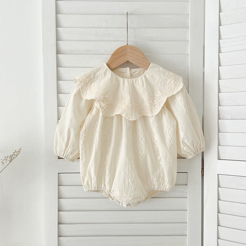 A collection of Arrival Autumn Baby Kids Girls outfits in beige and apricot colors featuring floral and geometric designs, made from soft cotton.