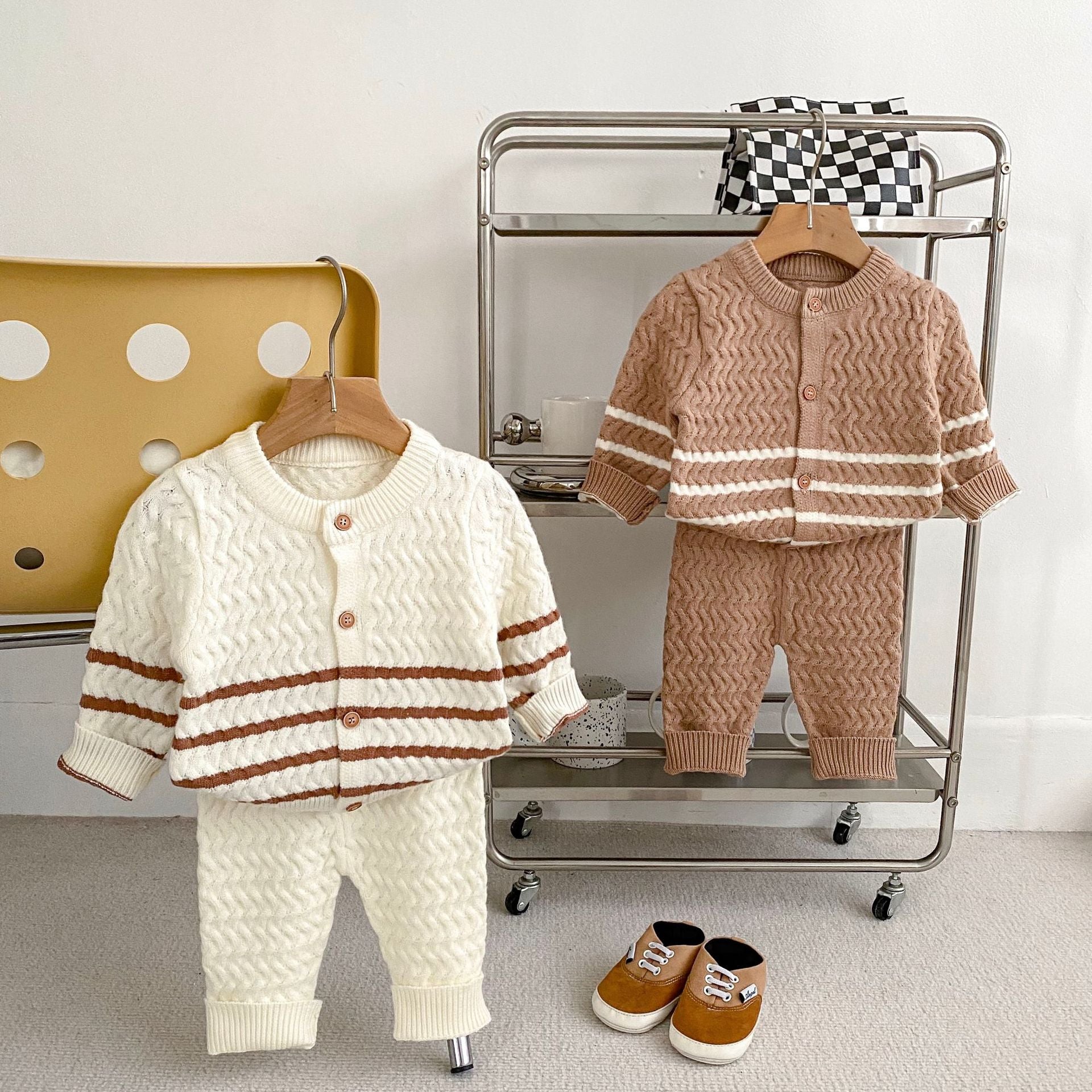 Arrival Autumn Baby Kids Unisex Long Sleeves Striped Knitted Cardigan in khaki and beige colors, perfect for babies aged 3-24 months.