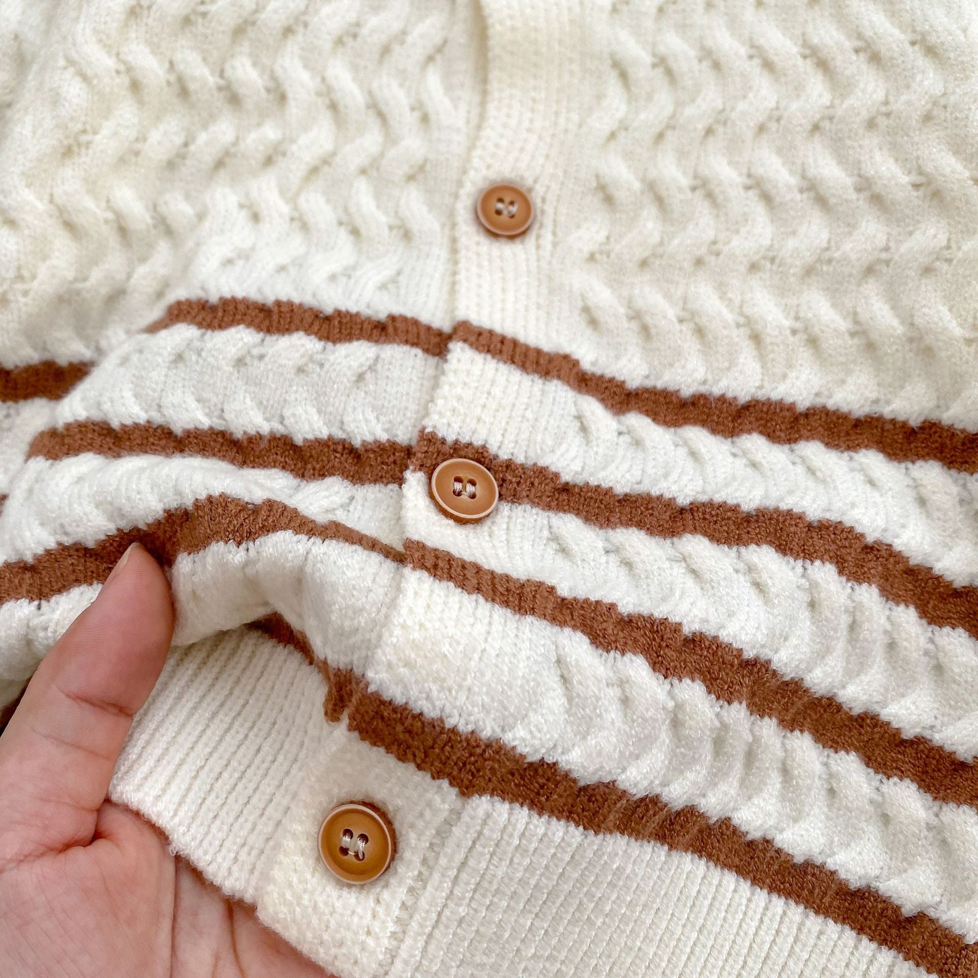 Arrival Autumn Baby Kids Unisex Long Sleeves Striped Knitted Cardigan in khaki and beige colors, perfect for babies aged 3-24 months.
