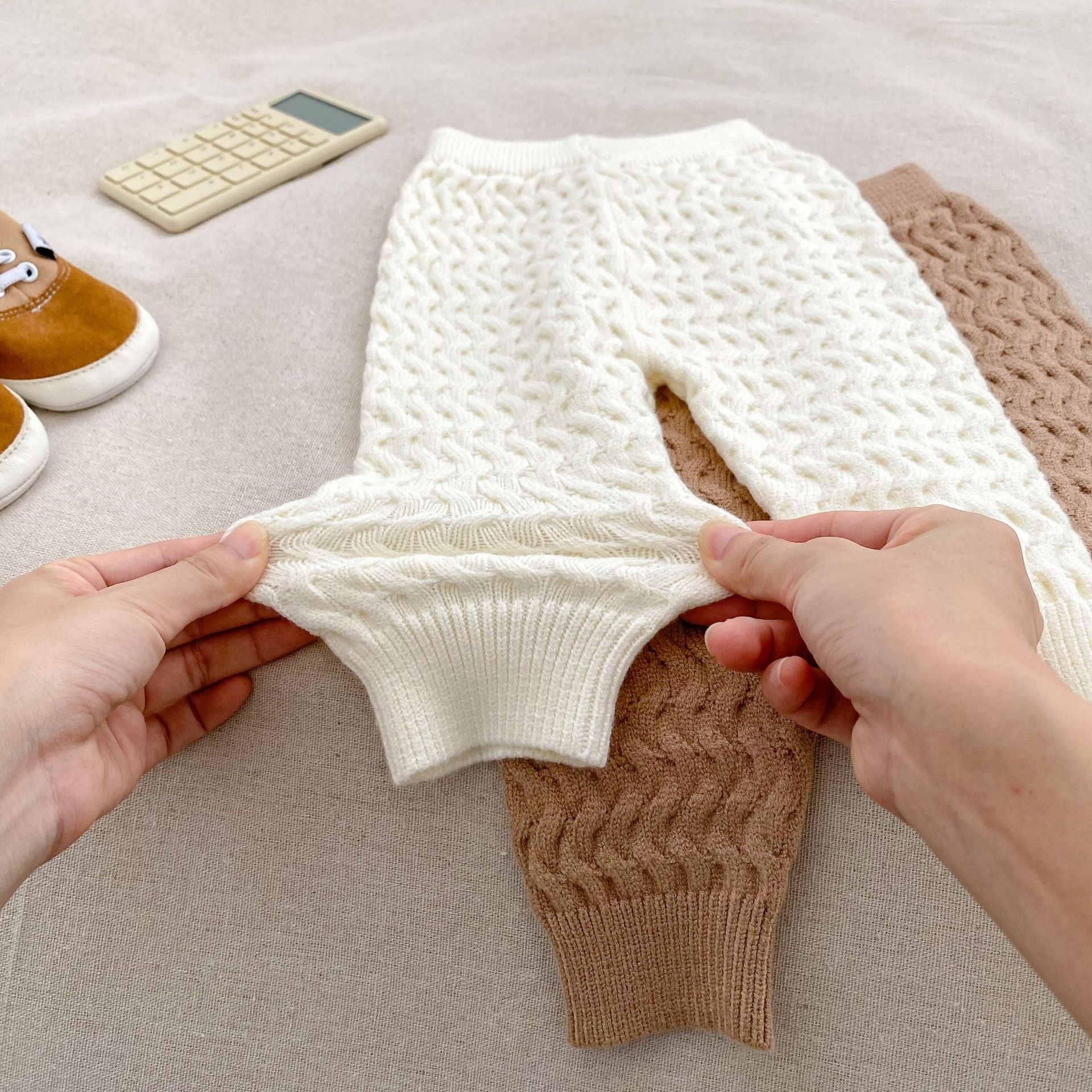 Arrival Autumn Baby Kids Unisex Long Sleeves Striped Knitted Cardigan in khaki and beige colors, perfect for babies aged 3-24 months.