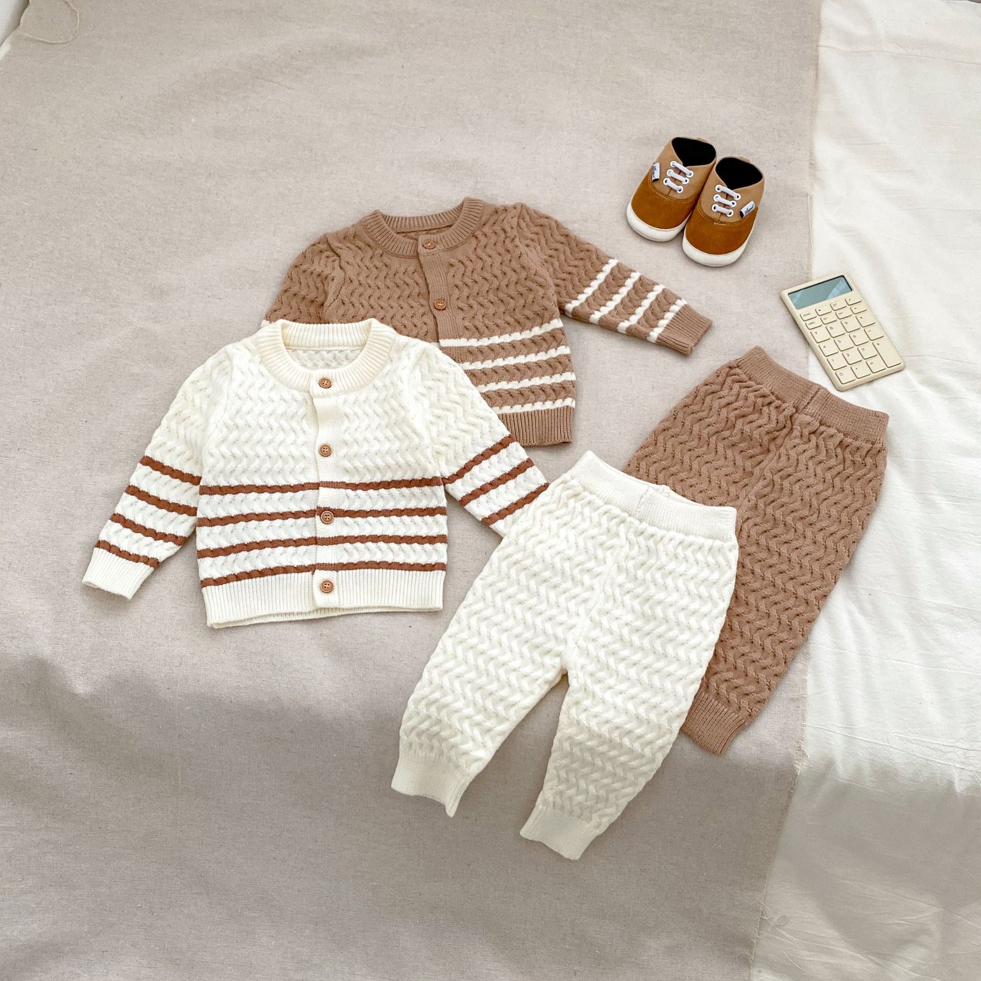 Arrival Autumn Baby Kids Unisex Long Sleeves Striped Knitted Cardigan in khaki and beige colors, perfect for babies aged 3-24 months.