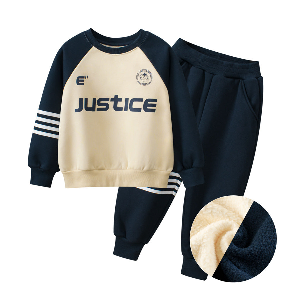 Navy blue boys pullover with striped pattern and letter print, perfect for autumn and winter wear.