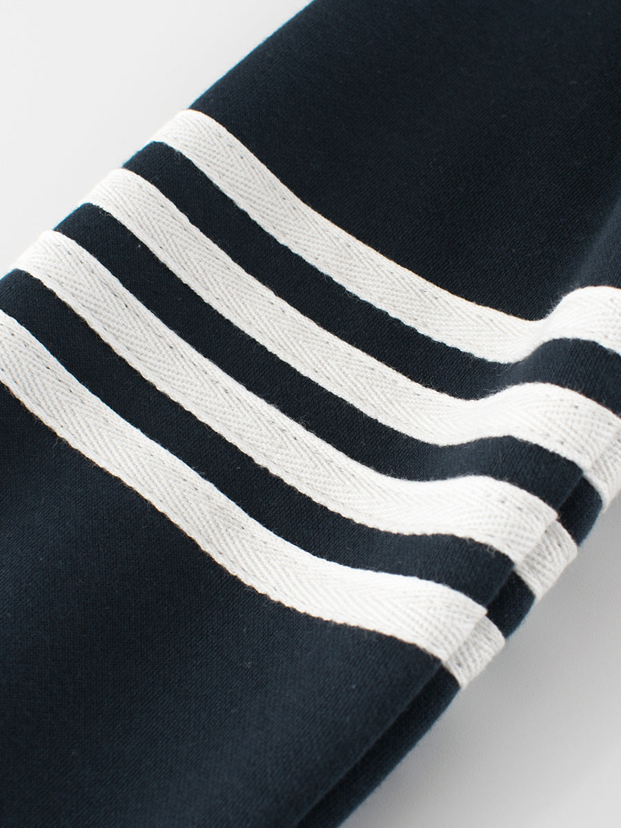 Navy blue boys pullover with striped pattern and letter print, perfect for autumn and winter wear.