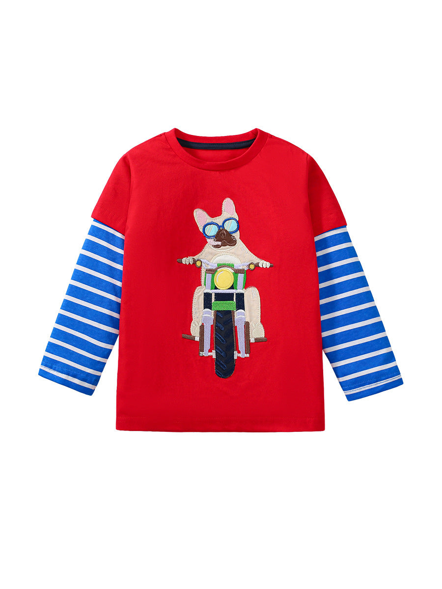 Red long sleeve t-shirt for boys featuring a cartoon pattern, made from soft cotton material, perfect for autumn and spring wear.