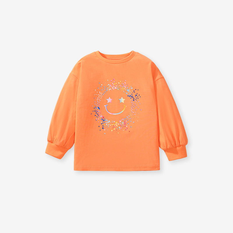 Bright orange long sleeve shirt for girls featuring a smiling face cartoon pattern, made from soft cotton material.