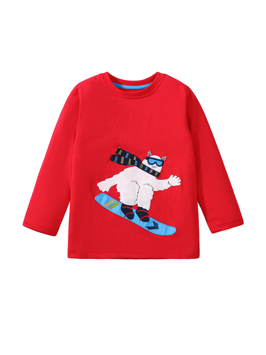 Red long sleeves t-shirt for girls featuring a cute cartoon animal pattern, made from soft cotton, perfect for autumn and spring wear.