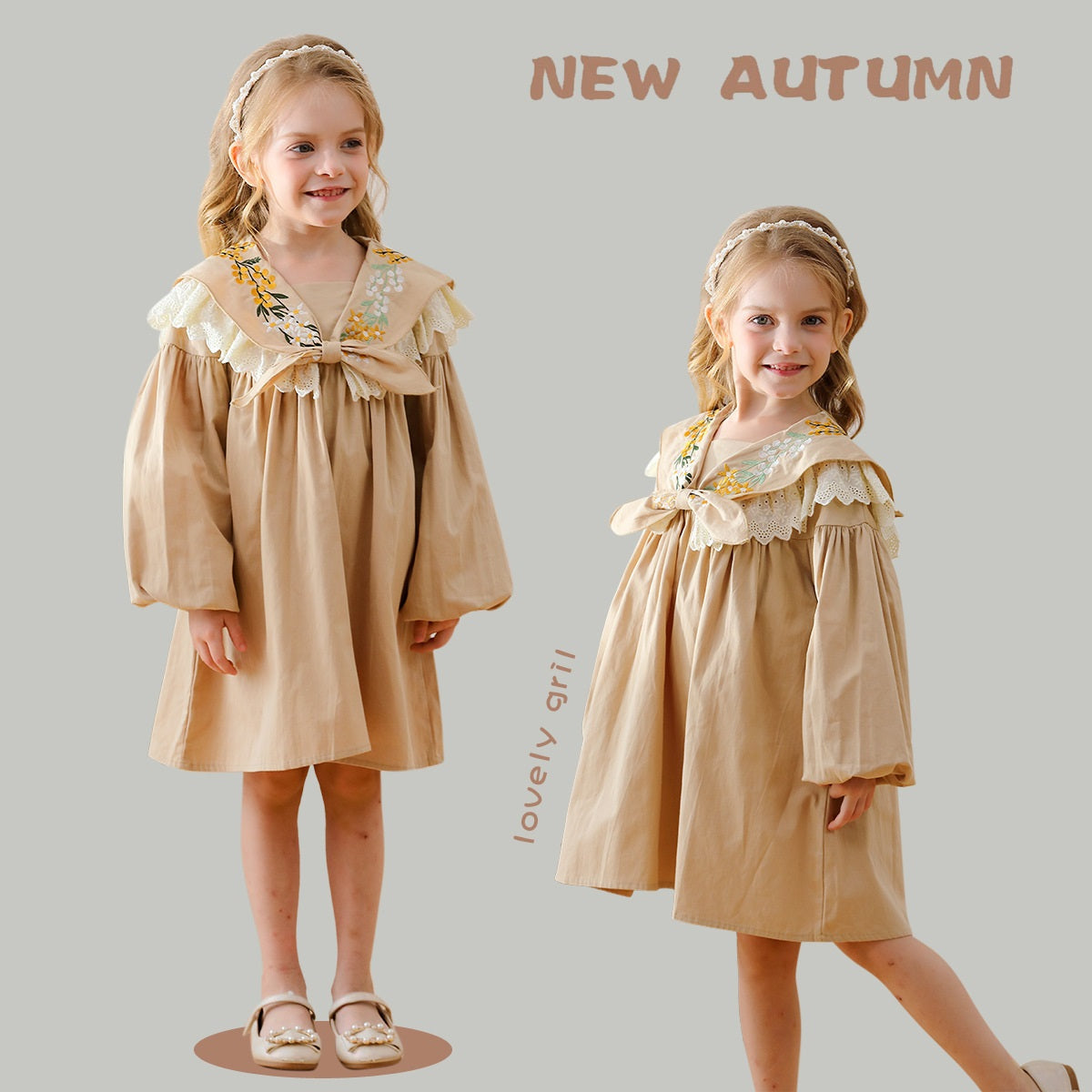 A stylish khaki long-sleeve collar dress for girls featuring beautiful floral embroidery, perfect for autumn and spring seasons.