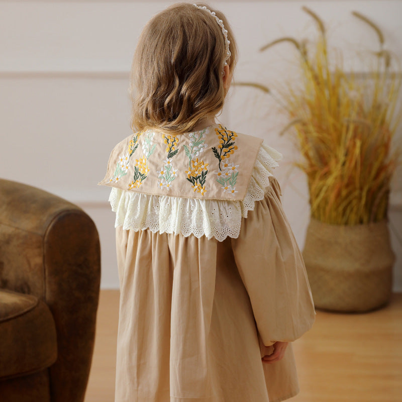 A stylish khaki long-sleeve collar dress for girls featuring beautiful floral embroidery, perfect for autumn and spring seasons.