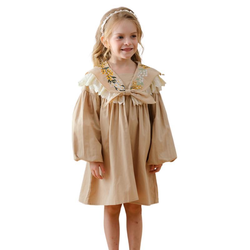 A stylish khaki long-sleeve collar dress for girls featuring beautiful floral embroidery, perfect for autumn and spring seasons.