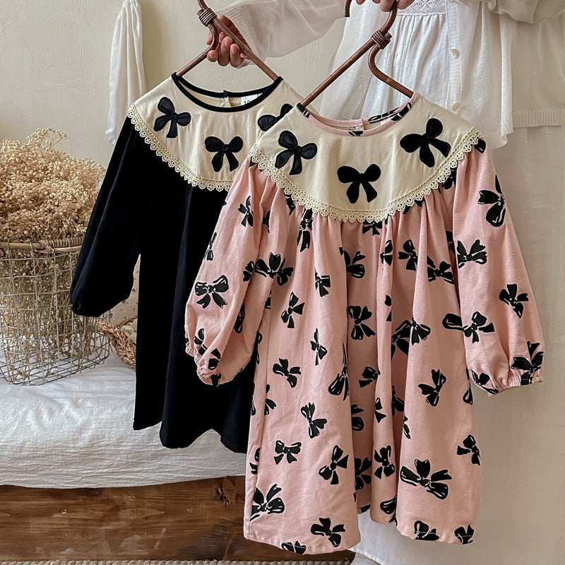 Arrival Autumn Girls Dress featuring butterfly-bows pattern in black and pink, perfect for spring and autumn wear.