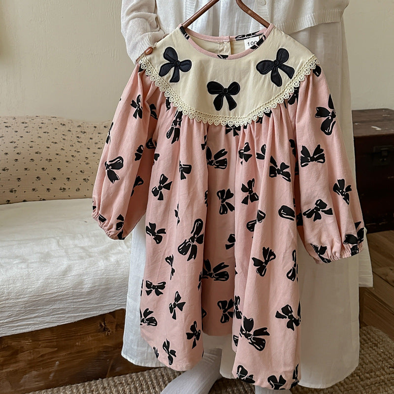 Arrival Autumn Girls Dress featuring butterfly-bows pattern in black and pink, perfect for spring and autumn wear.