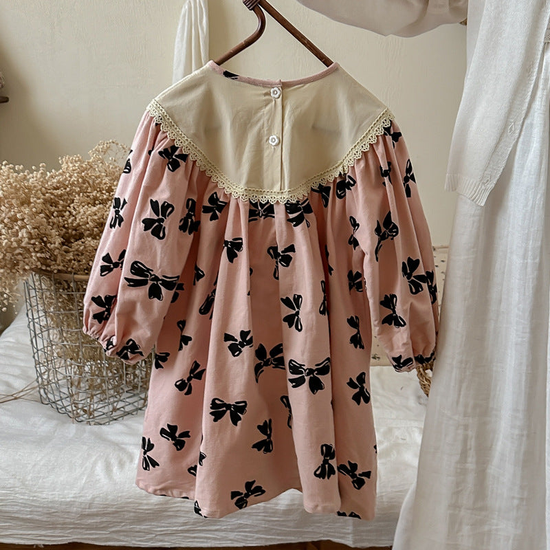 Arrival Autumn Girls Dress featuring butterfly-bows pattern in black and pink, perfect for spring and autumn wear.