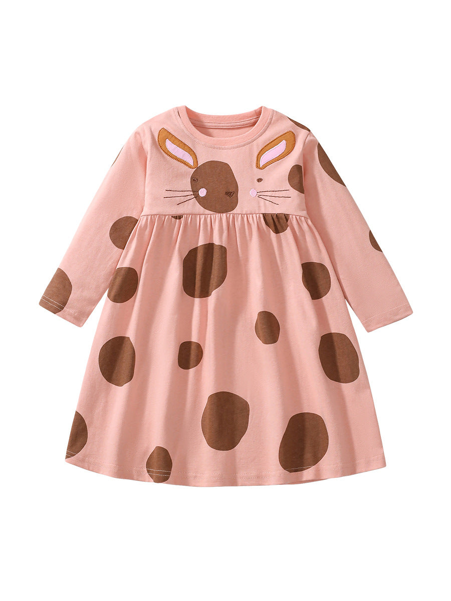 Pink crew neck top featuring a cartoon rabbit and polka dots pattern, designed for girls aged 12 months to 10 years.