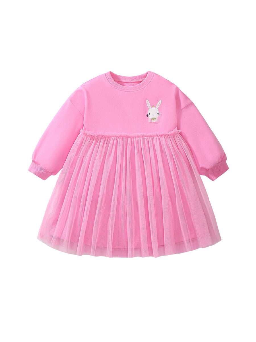 Pink crew neck long sleeve shirt for girls featuring a cartoon rabbit logo and patchwork design, perfect for autumn and spring wear.