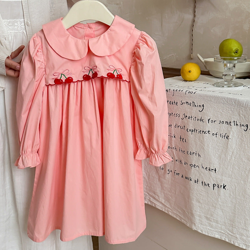 Arrival Autumn Girls Cherry Embroidery Long Sleeves Peter Pan Collar dress in pink and apricot colors, featuring a charming cherry design.