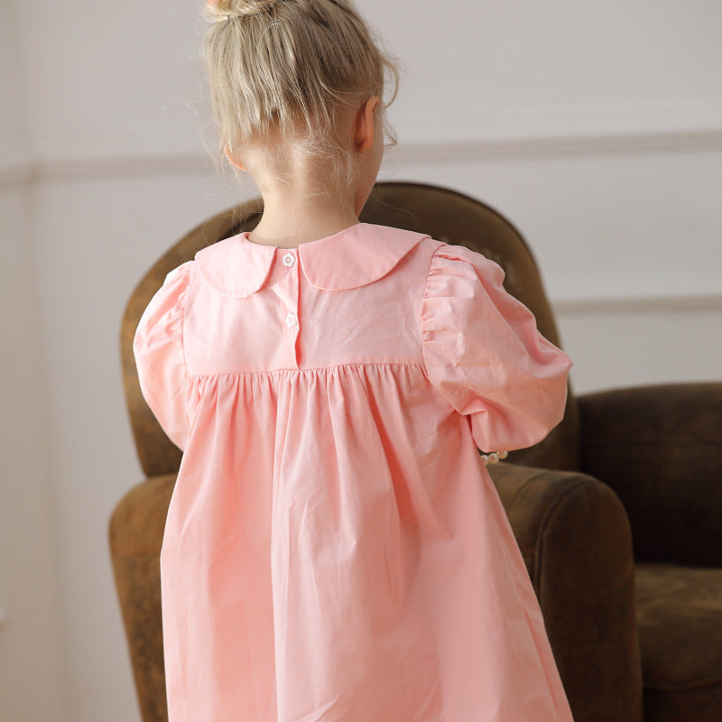 Arrival Autumn Girls Cherry Embroidery Long Sleeves Peter Pan Collar dress in pink and apricot colors, featuring a charming cherry design.