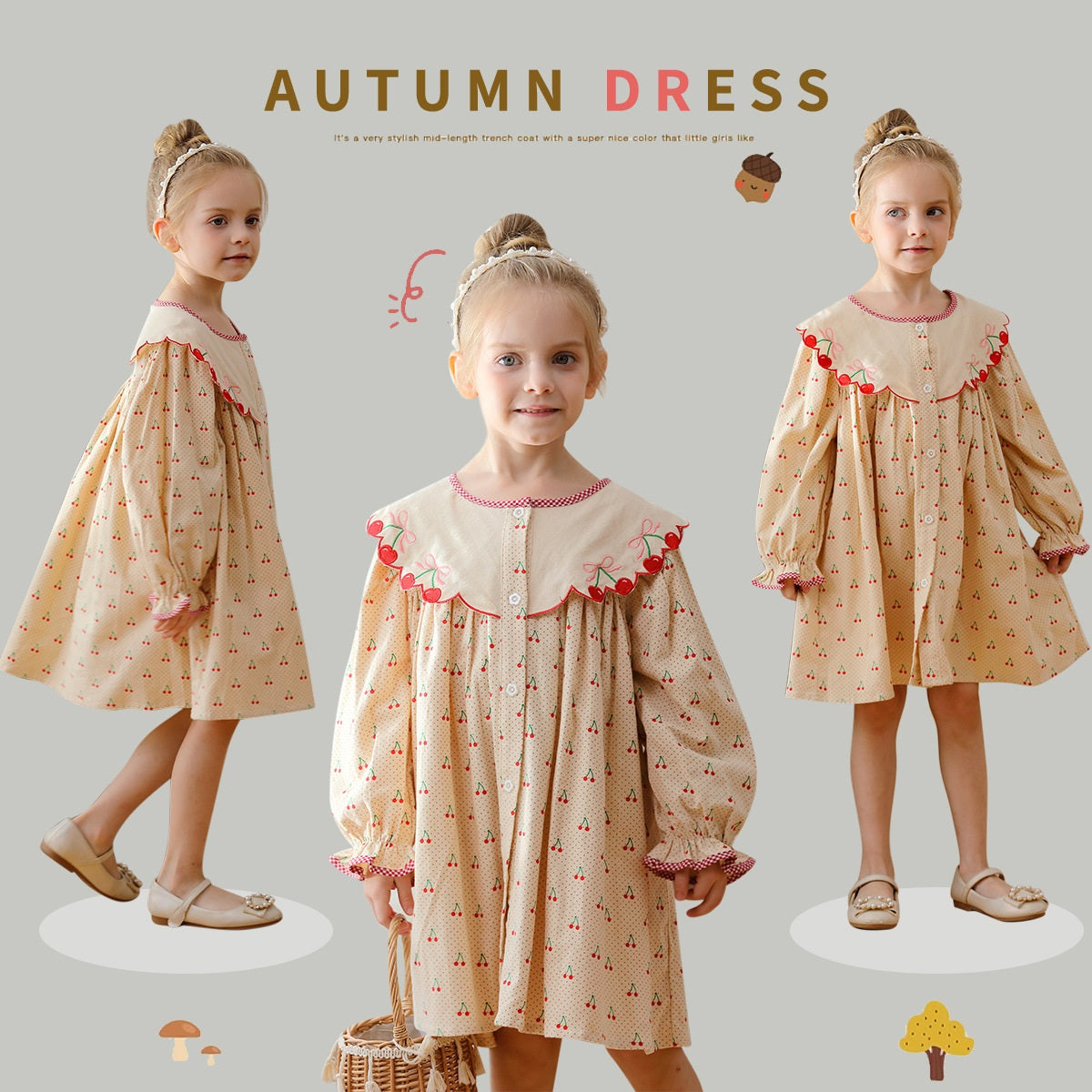 A charming long-sleeved dress for girls featuring a playful cherry pattern, made from soft cotton in apricot color.