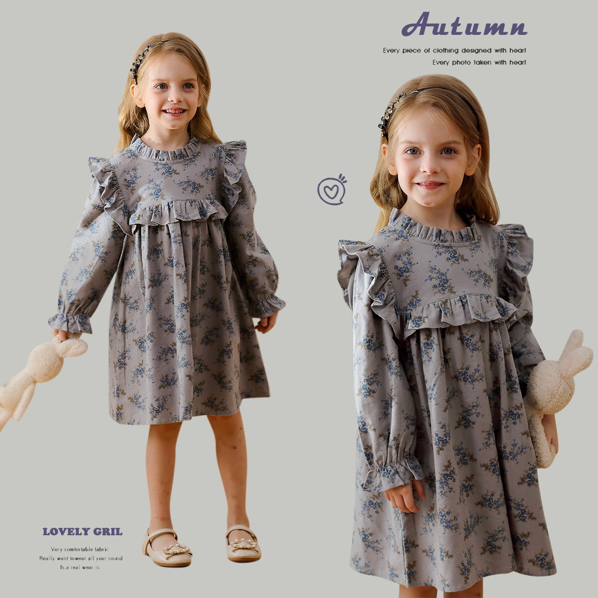 Arrival Autumn Girls dress featuring ruffle neck, long sleeves, and floral pattern in grey and beige colors.