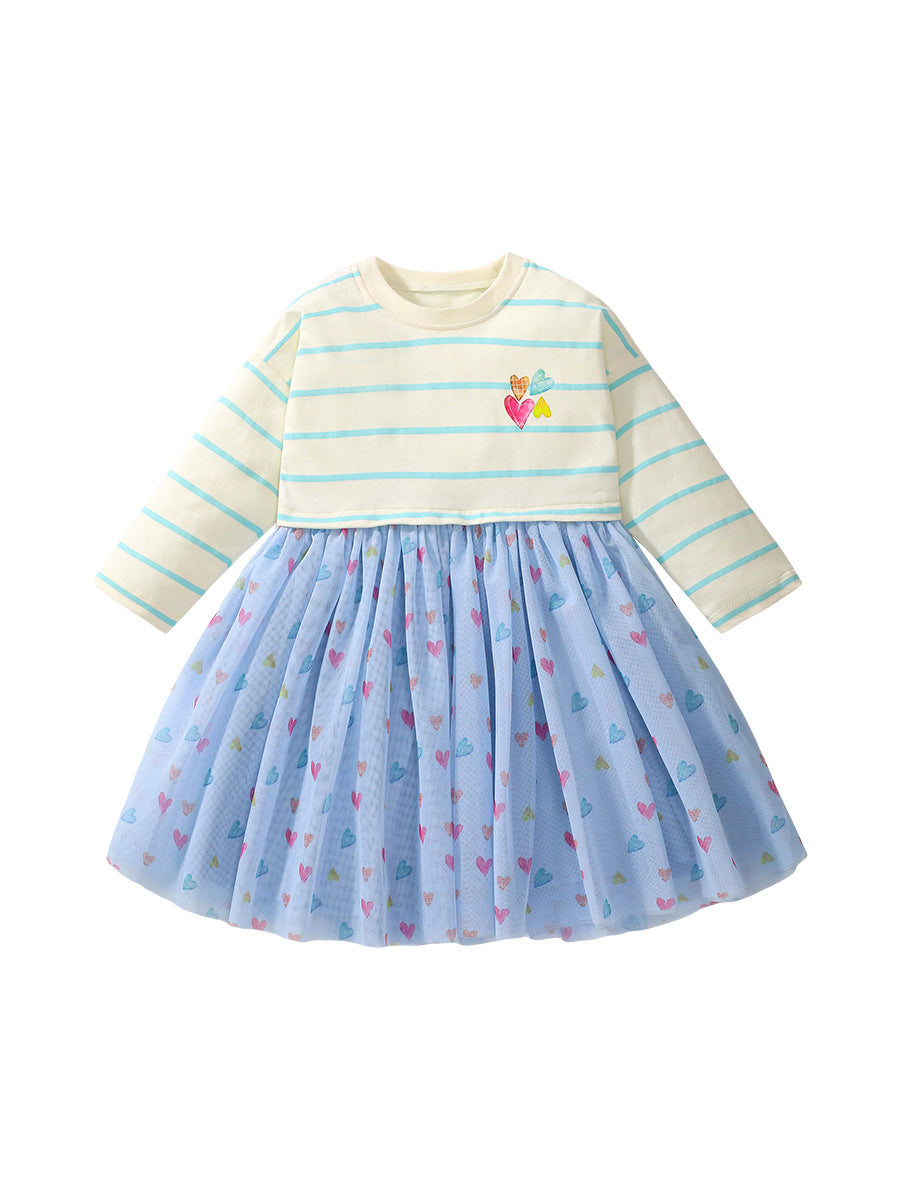 Arrival Autumn Girls Heart Print Crew Neck Long Sleeves Tulle in blue, featuring a playful heart print design, perfect for young girls.