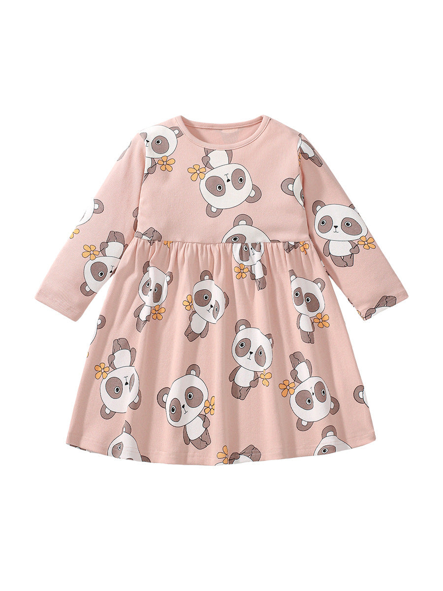 Pink long sleeve crew neck top featuring a cartoon panda pattern, perfect for girls aged 12 months to 10 years.