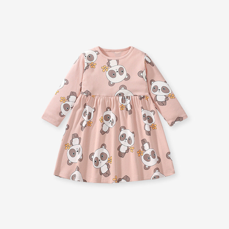 Pink long sleeve crew neck top featuring a cartoon panda pattern, perfect for girls aged 12 months to 10 years.