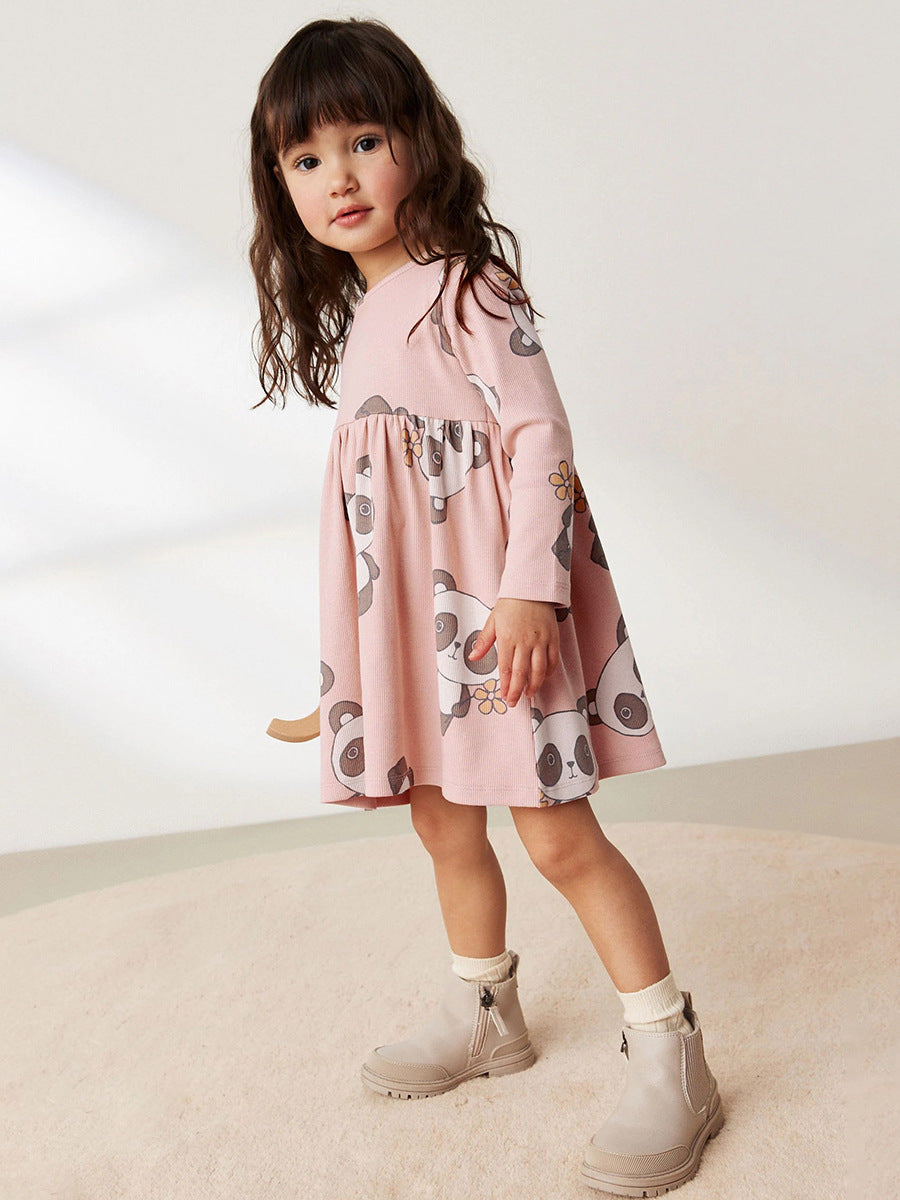 Pink long sleeve crew neck top featuring a cartoon panda pattern, perfect for girls aged 12 months to 10 years.