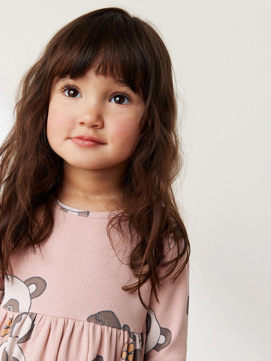 Pink long sleeve crew neck top featuring a cartoon panda pattern, perfect for girls aged 12 months to 10 years.