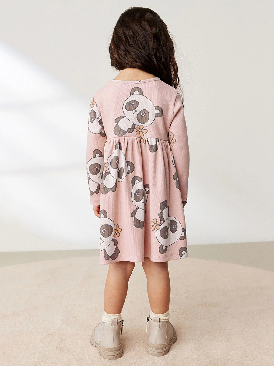Pink long sleeve crew neck top featuring a cartoon panda pattern, perfect for girls aged 12 months to 10 years.