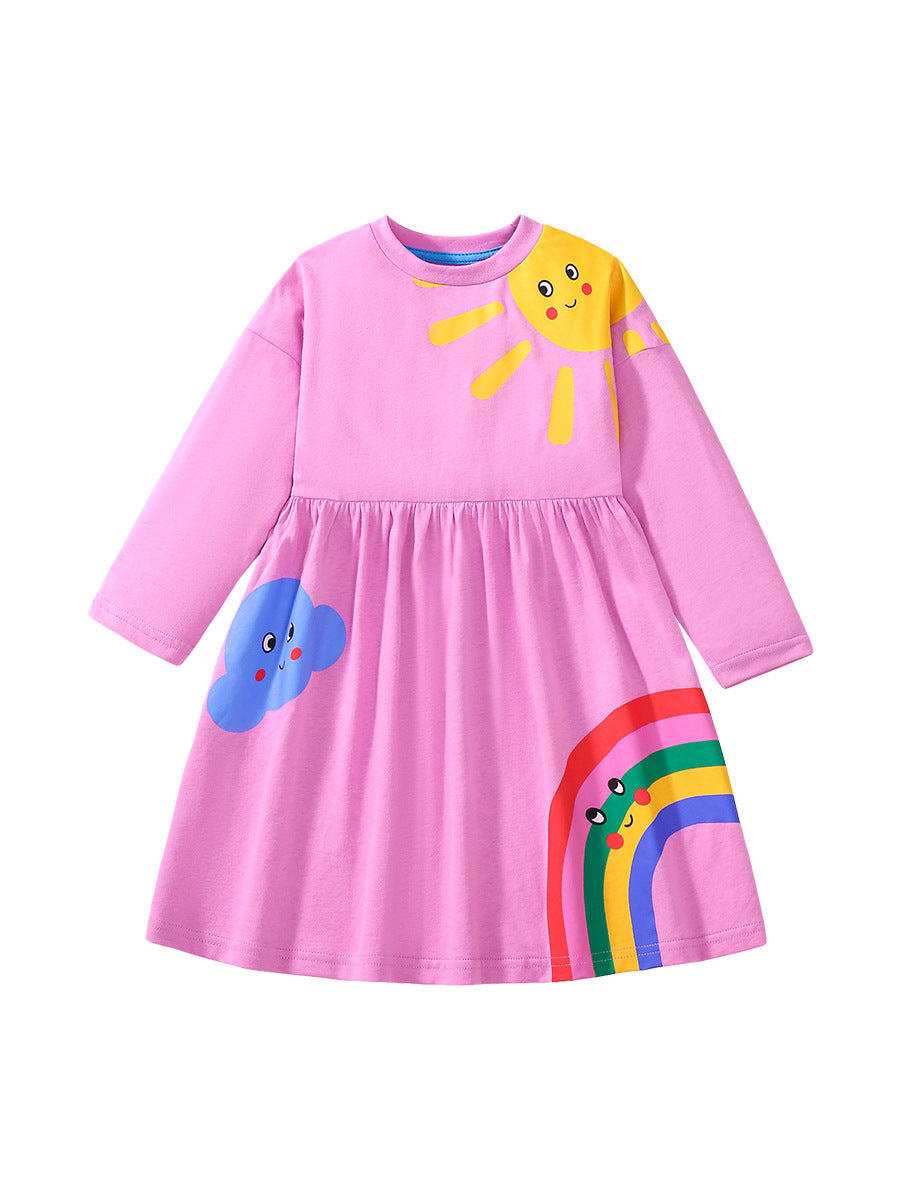 A purple long-sleeved top for girls featuring a colorful cartoon rainbow and sunshine pattern, made from soft cotton and polyester blend.