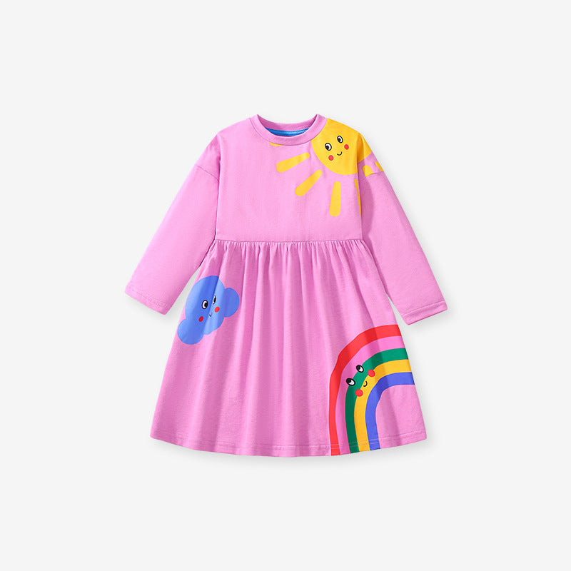 A purple long-sleeved top for girls featuring a colorful cartoon rainbow and sunshine pattern, made from soft cotton and polyester blend.