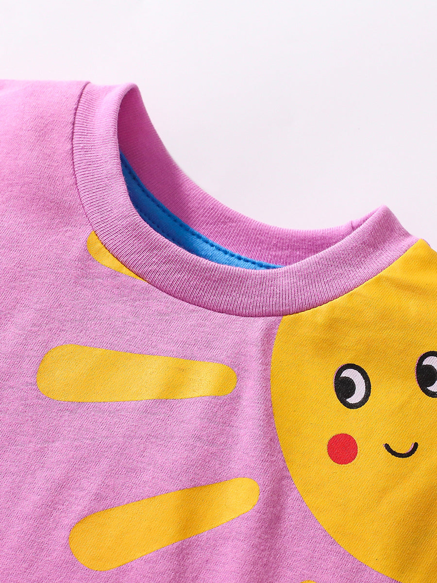 A purple long-sleeved top for girls featuring a colorful cartoon rainbow and sunshine pattern, made from soft cotton and polyester blend.
