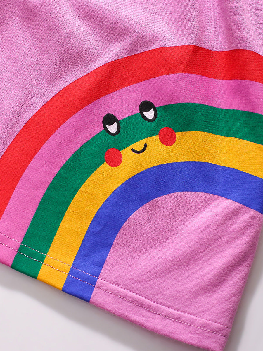 A purple long-sleeved top for girls featuring a colorful cartoon rainbow and sunshine pattern, made from soft cotton and polyester blend.