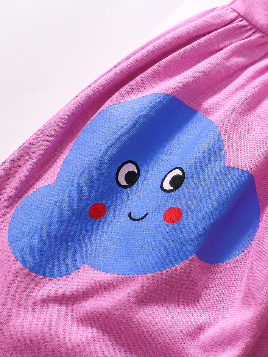 A purple long-sleeved top for girls featuring a colorful cartoon rainbow and sunshine pattern, made from soft cotton and polyester blend.