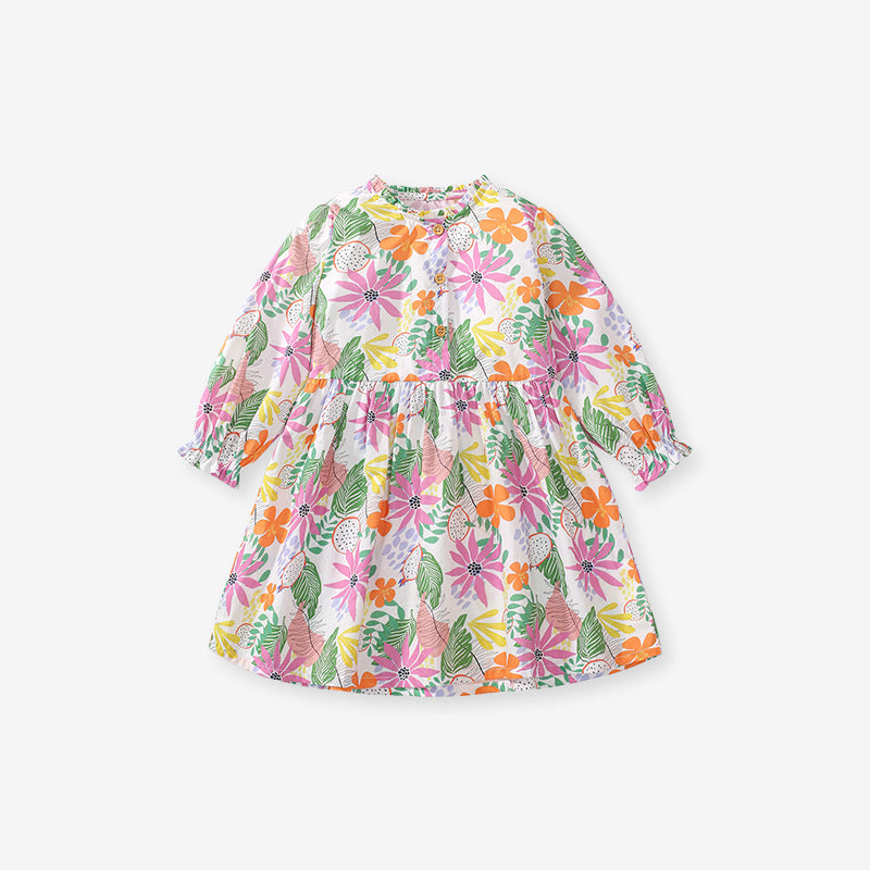 A vibrant long-sleeve top for girls featuring a colorful floral pattern and stylish ruffle neck, made from soft cotton material.