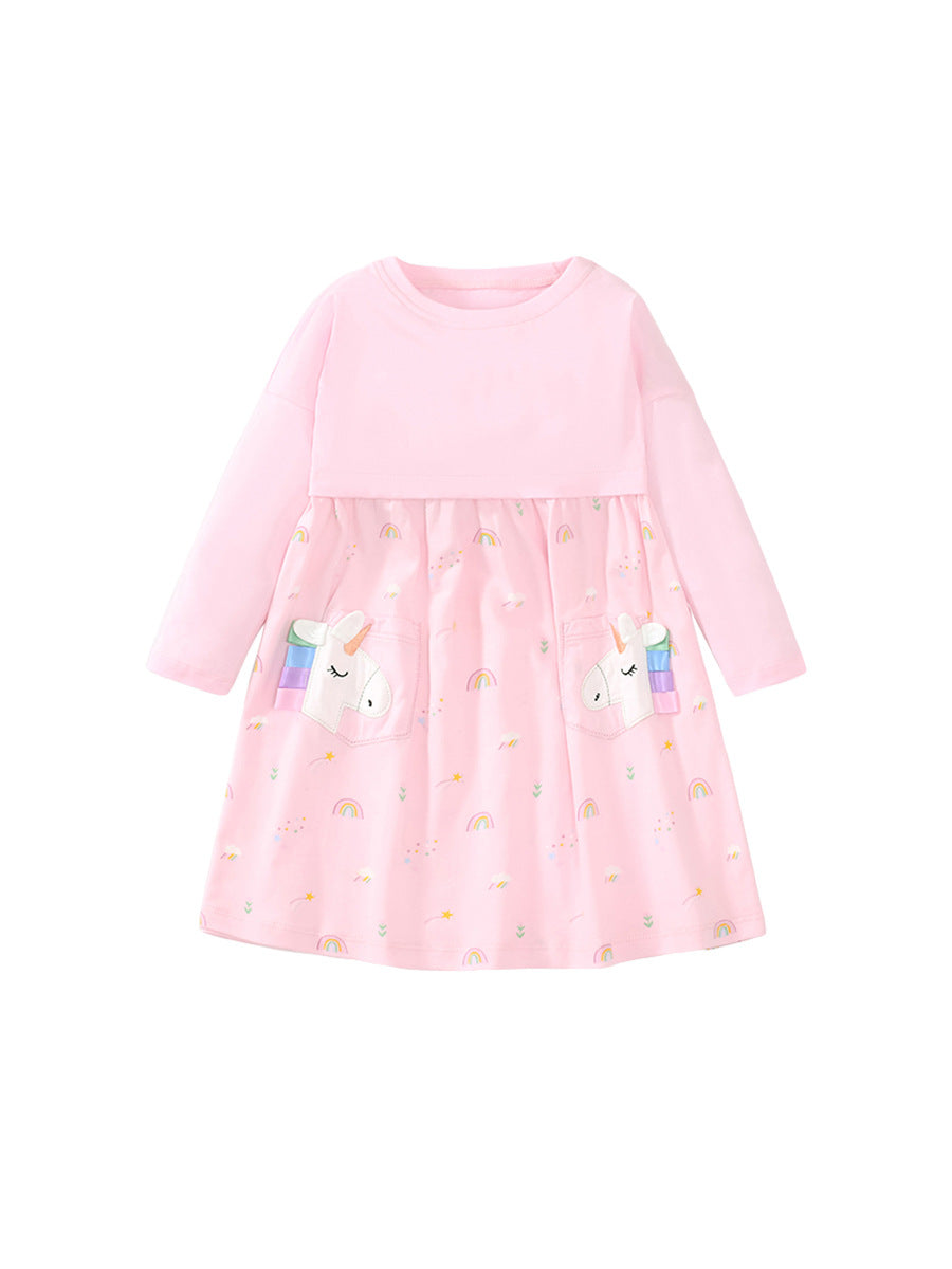 A pink long-sleeve crew featuring a colorful rainbow and unicorn pattern, perfect for girls aged 12 months to 10 years.