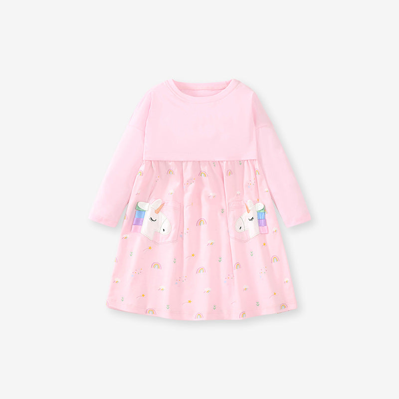 A pink long-sleeve crew featuring a colorful rainbow and unicorn pattern, perfect for girls aged 12 months to 10 years.