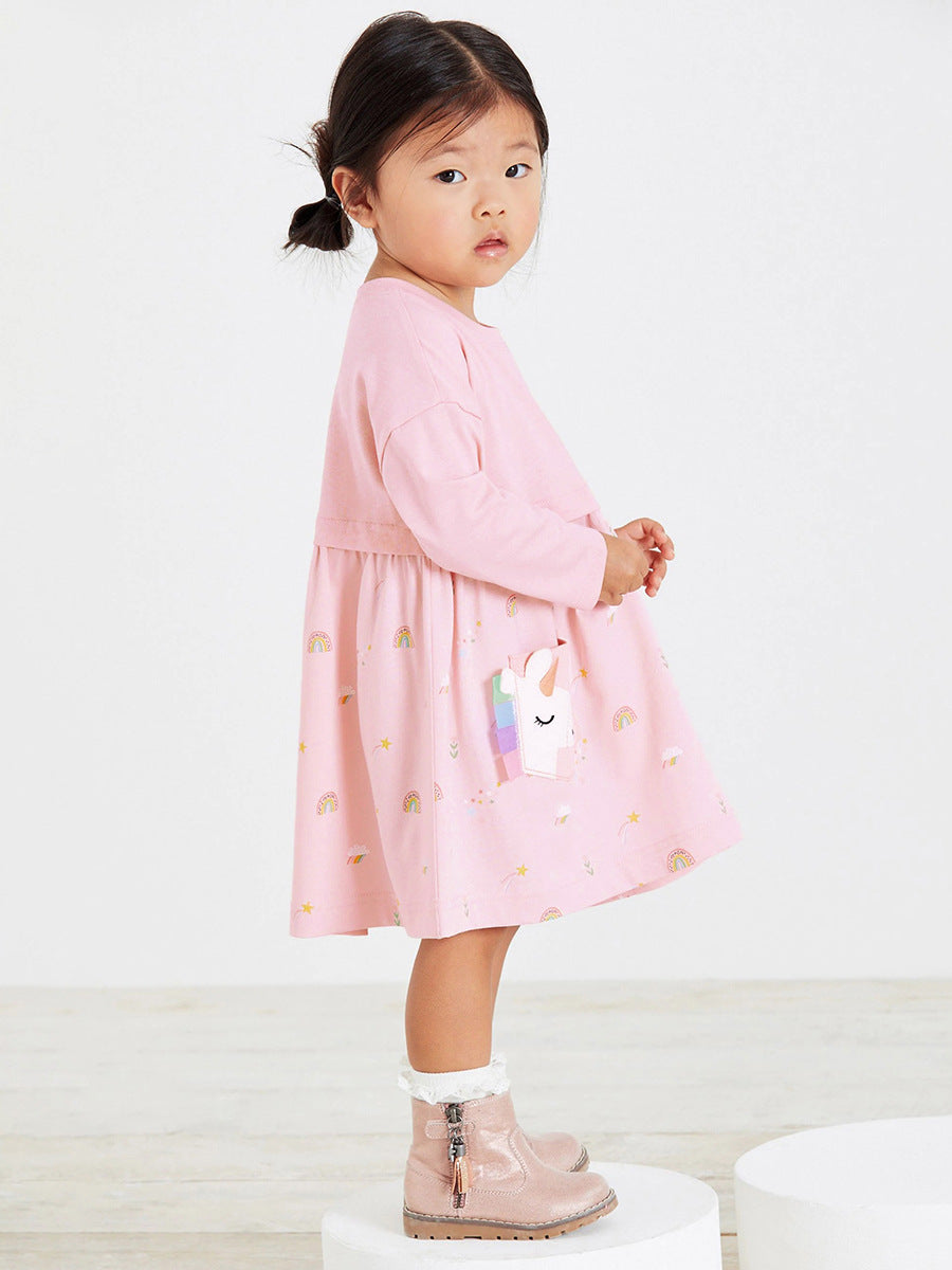 A pink long-sleeve crew featuring a colorful rainbow and unicorn pattern, perfect for girls aged 12 months to 10 years.