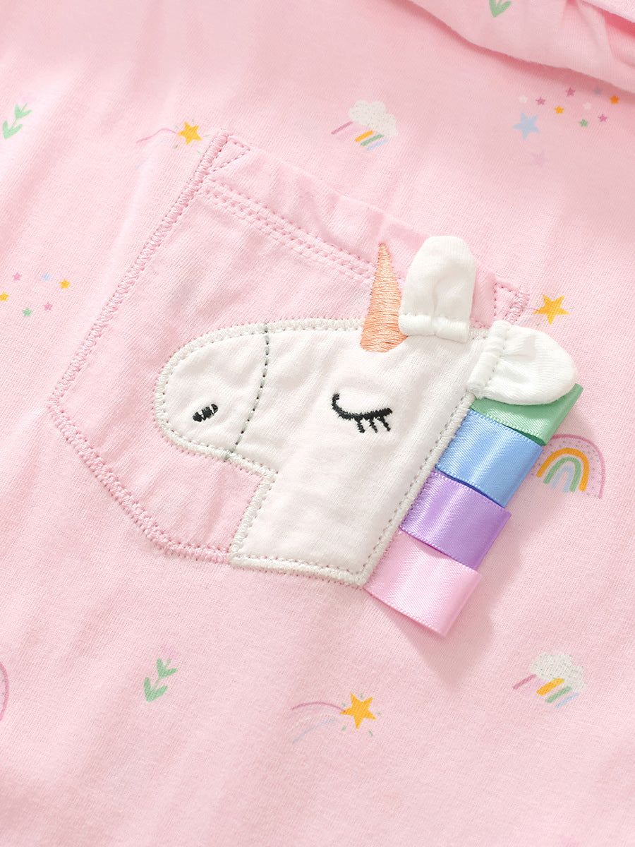 A pink long-sleeve crew featuring a colorful rainbow and unicorn pattern, perfect for girls aged 12 months to 10 years.