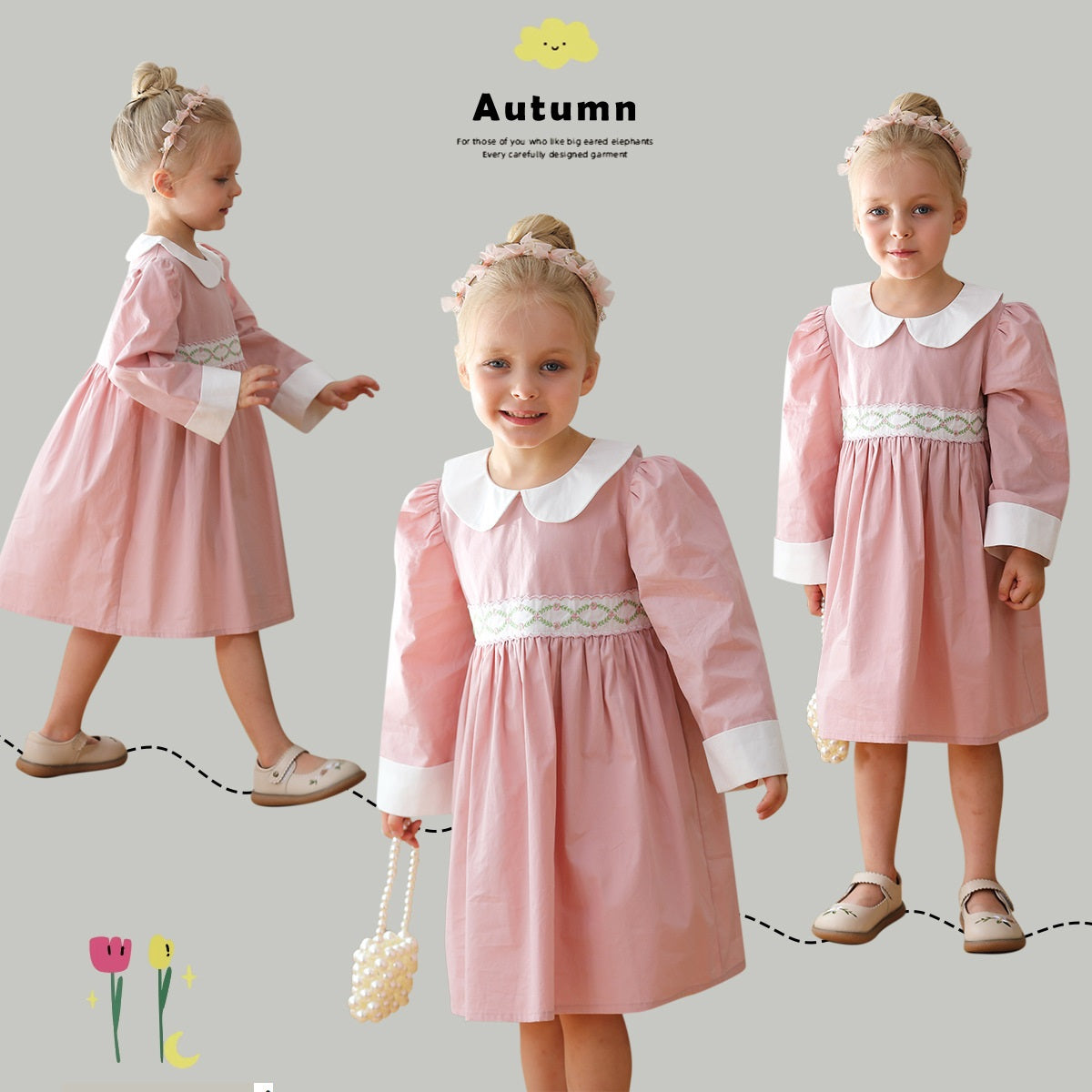 Arrival Autumn Girls dress featuring a Peter Pan collar, long sleeves, and a floral argyle pattern in pink and blue colors.