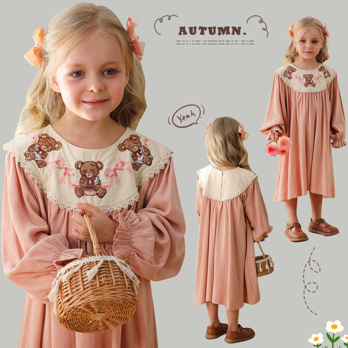 A charming pink long sleeves dress for girls featuring teddy embroidery, perfect for autumn and spring wear.