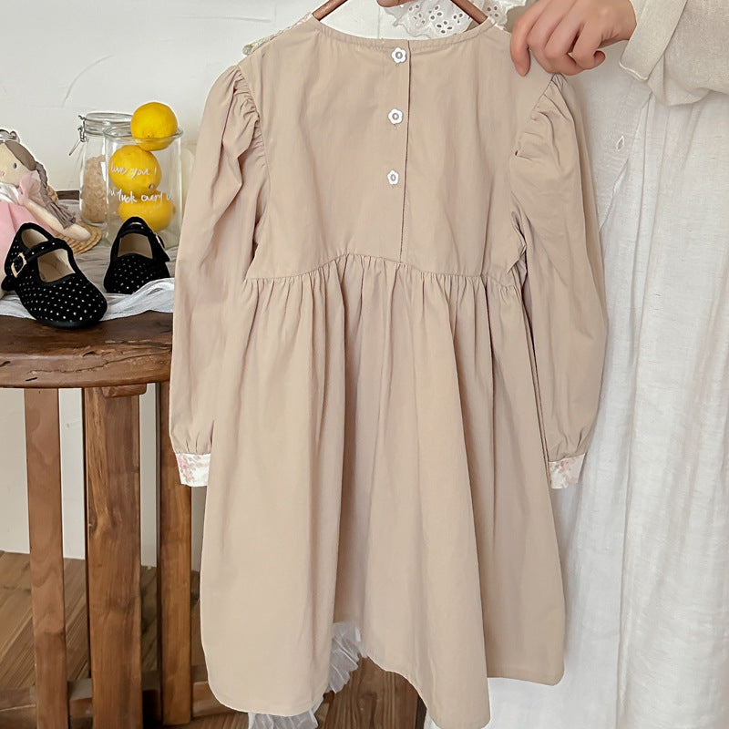 Khaki long sleeve girls top with floral print, perfect for autumn and spring wear.