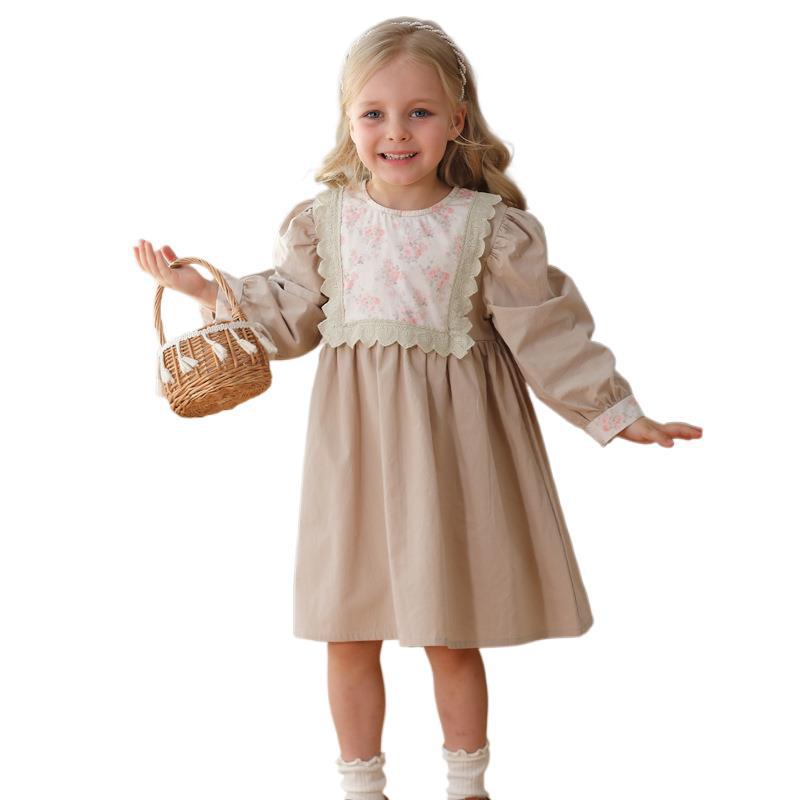 Khaki long sleeve girls top with floral print, perfect for autumn and spring wear.