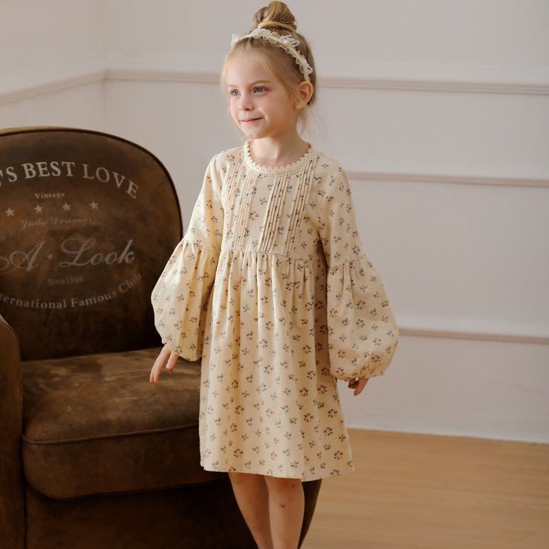 Arrival Autumn Girls Ruffle Neck Long Puff Sleeves Floral Dress in apricot color with floral pattern, perfect for spring and autumn.