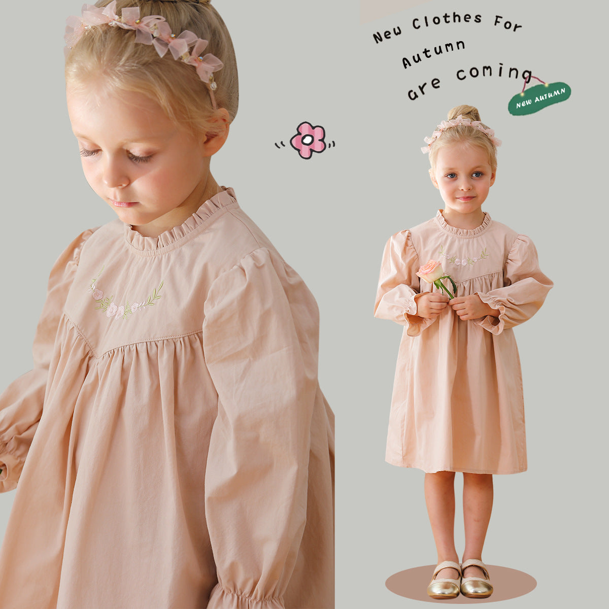 A pink and apricot ruffle neck long sleeve dress for girls, featuring embroidered flowers, perfect for autumn and spring wear.